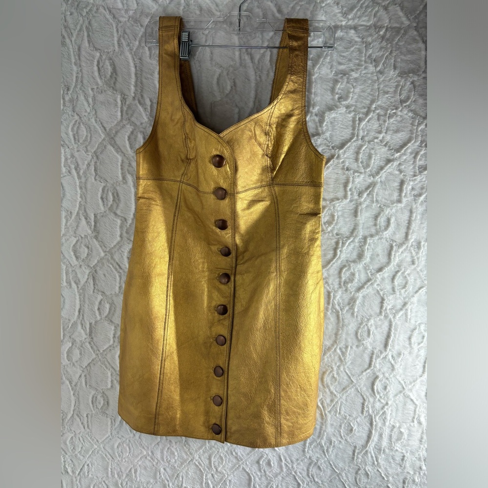 NWT Free People Women's Goldie Leather Mini Dress Gold, Size 8 - Picture 4 of 13